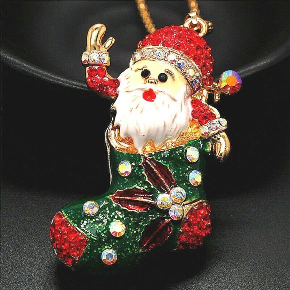 Jolly SANTA CLAUS Stocking Rhinestone Necklace - Picture 6 of 11